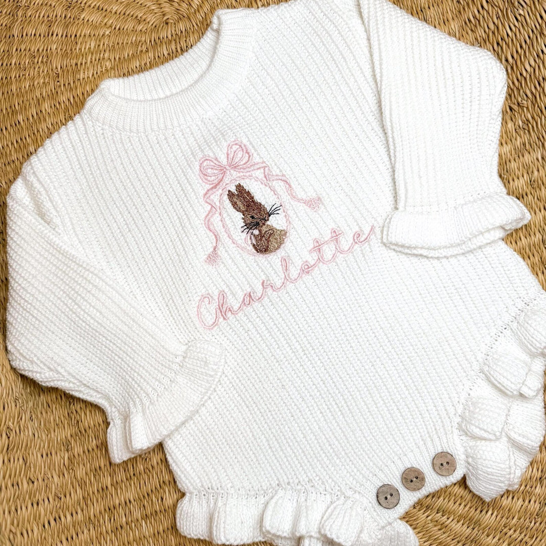 Personalized Peter Rabbit knit Romper - Custom Name Coquette Outfit