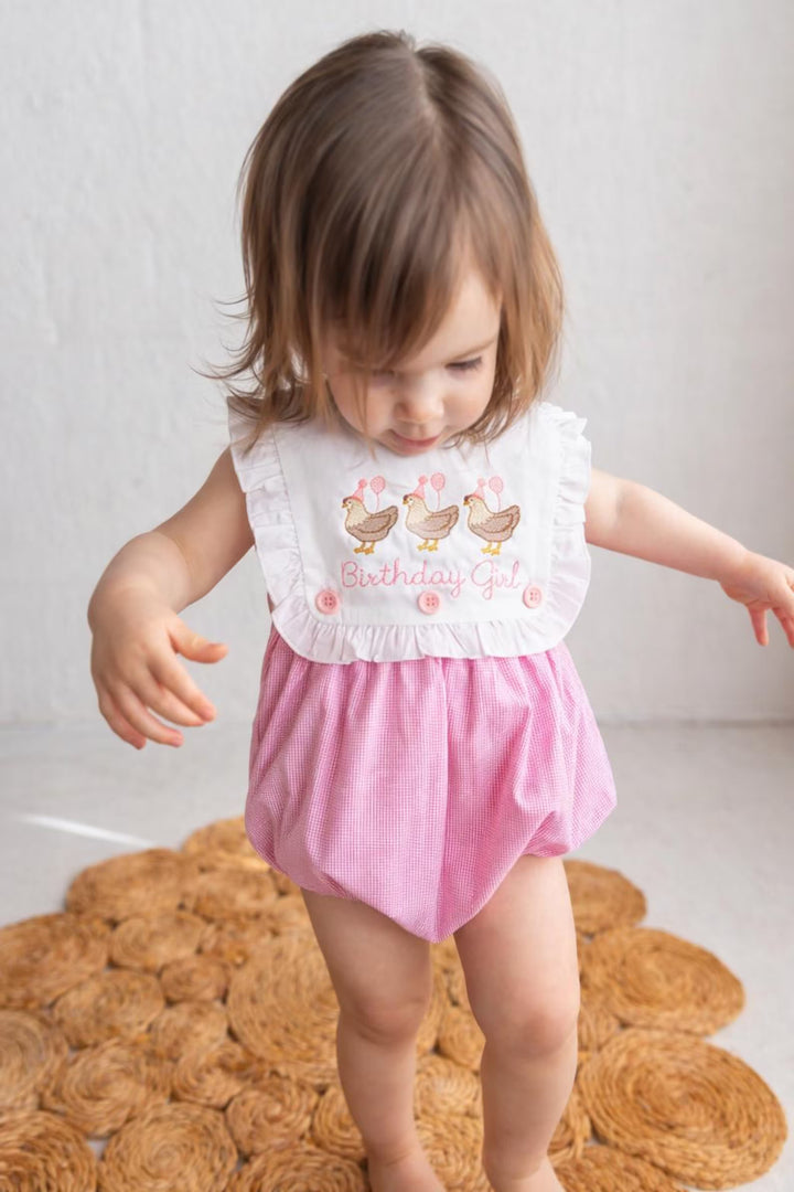 Birthday Girl Chicken Bubble Romper - Personalized Gingham Bib Front Milestone Baby Outfit
