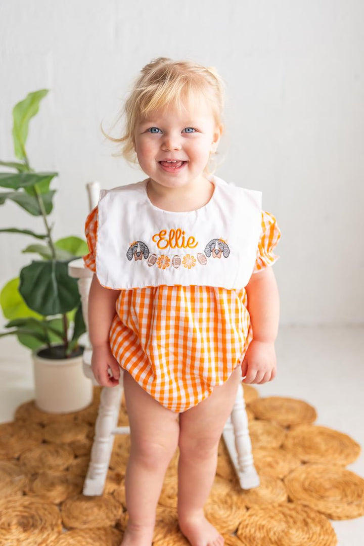 Baby Girls Orange Gingham Romper – Smokey Embroidered Game Day Outfit - Smock Vols Romper