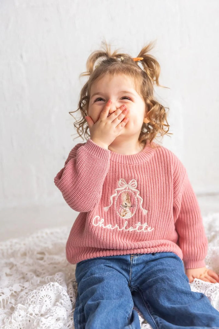 Embroidered Bunny Name Sweater – Custom Cotton Knit Easter Outfit