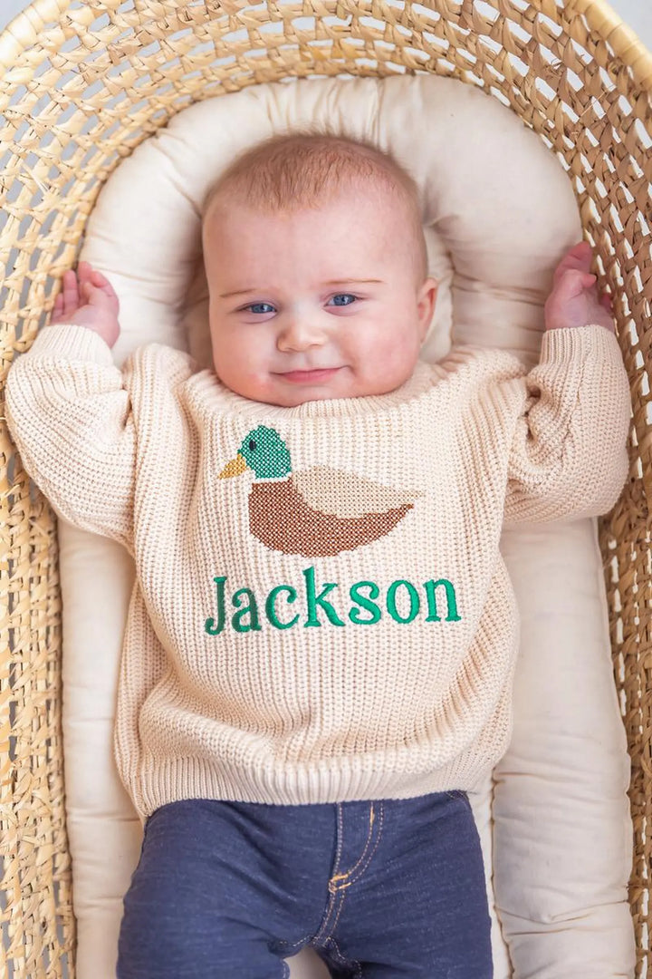 Personalized Cross Stitch Duck Sweater | Embroidered Baby Toddler Knit Pullover