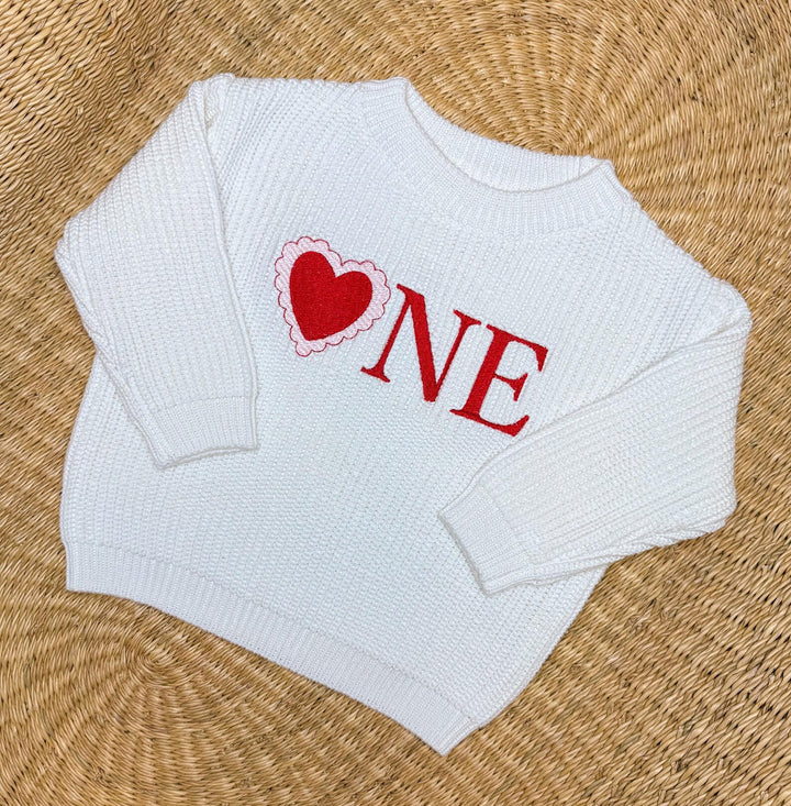 Embroidered Heart "ONE" Sweater – Valentine First Birthday Outfit