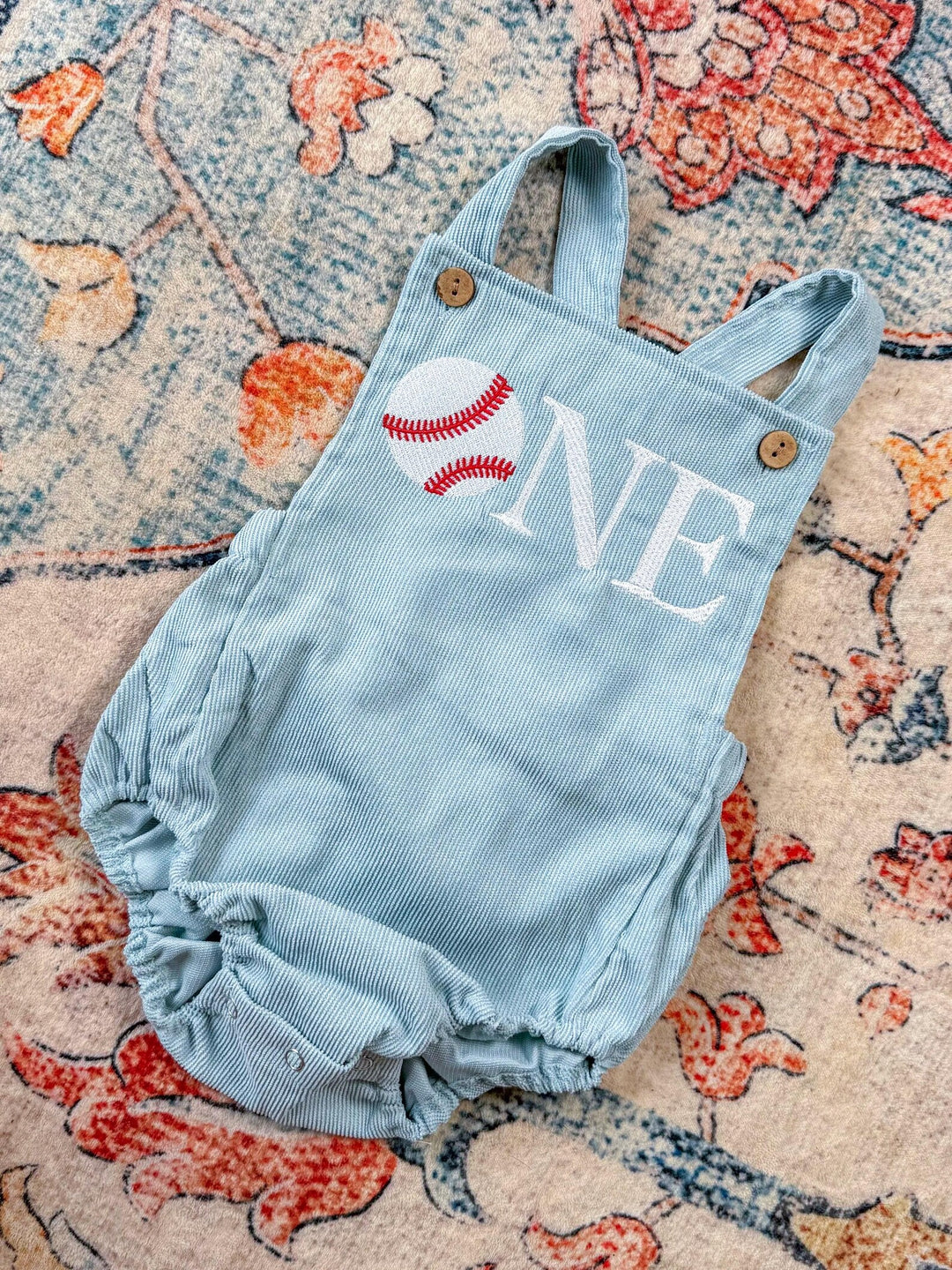 Rookie Year Baseball First Birthday Romper - Personalized Blue Corduroy Baseball Outfit