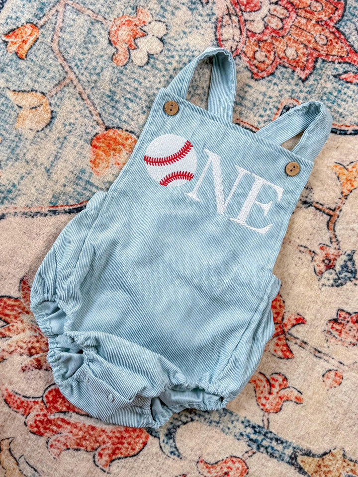 Rookie Year Baseball First Birthday Romper - Personalized Blue Corduroy Baseball Outfit