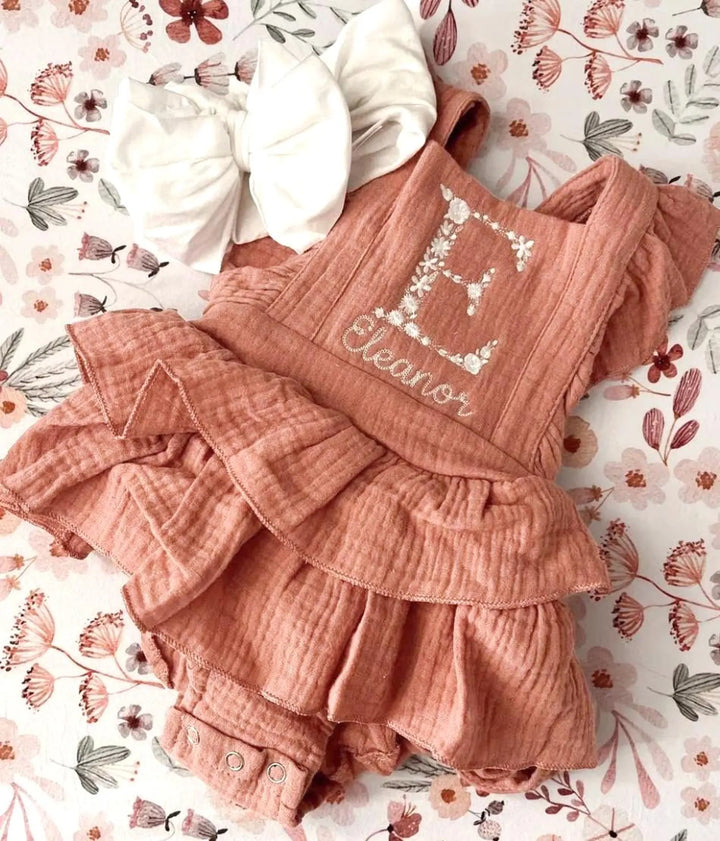 Floral Initial Embroidered Baby Romper: Personalized Ruffle Dress
