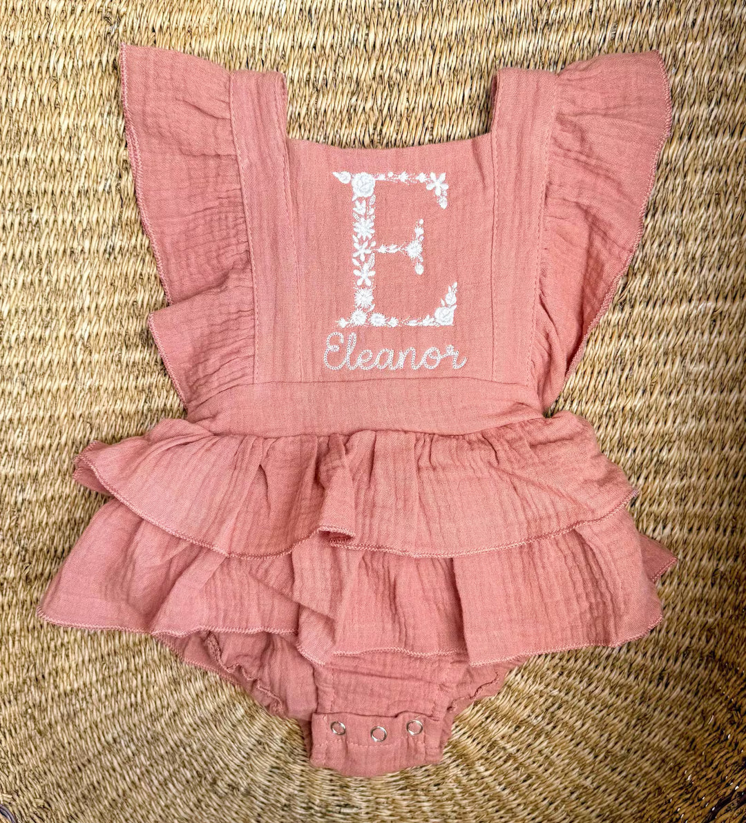 Floral Initial Embroidered Baby Romper: Personalized Ruffle Dress