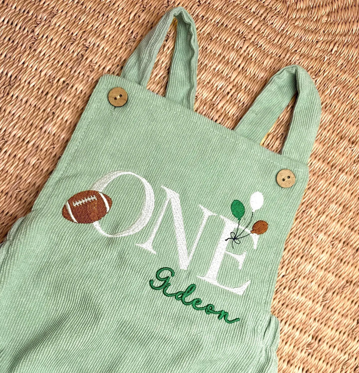 Embroidered Football First Birthday Romper – Green Corduroy Outfit