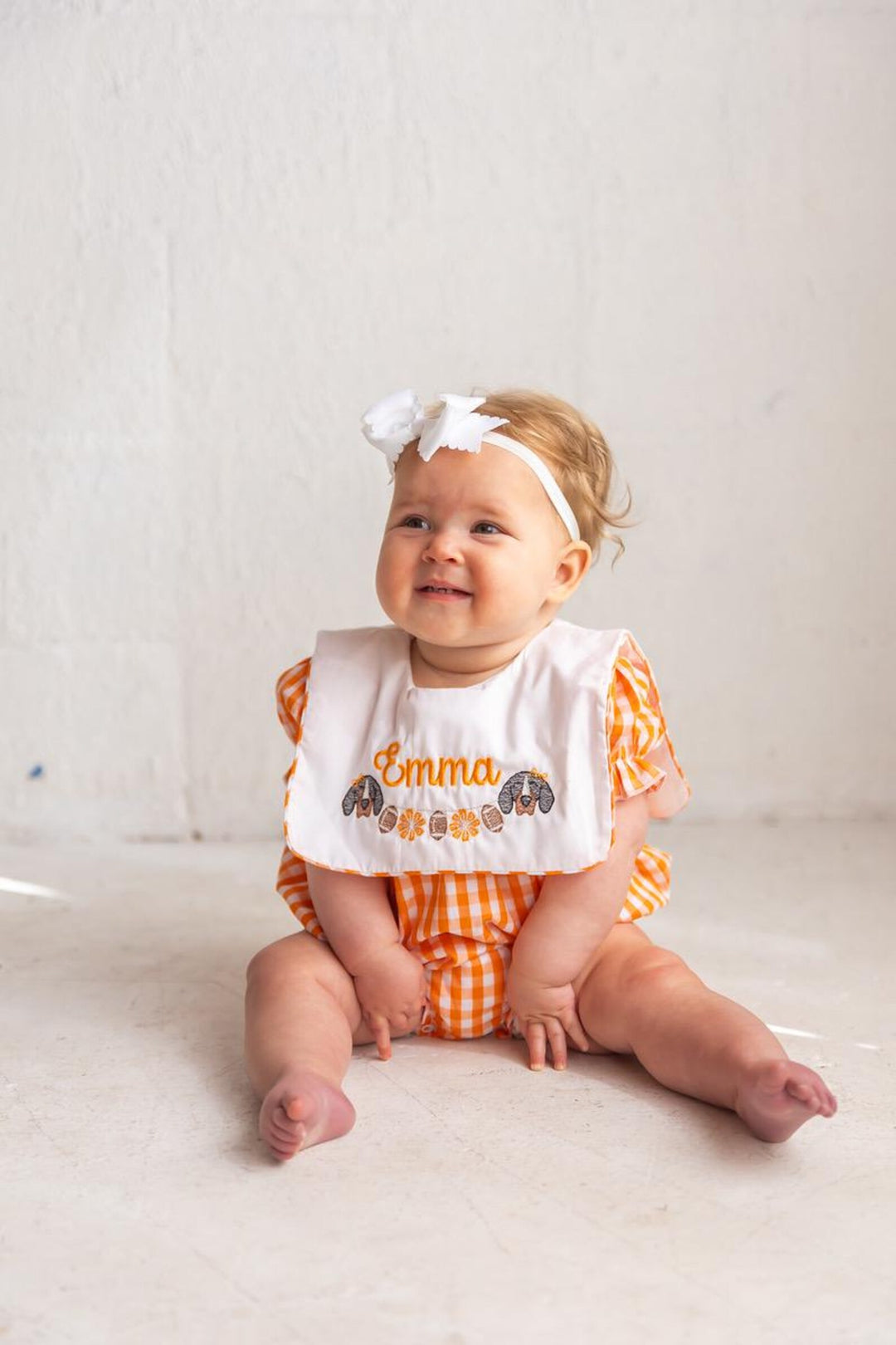 Baby Girls Orange Gingham Romper – Smokey Embroidered Game Day Outfit - Smock Vols Romper