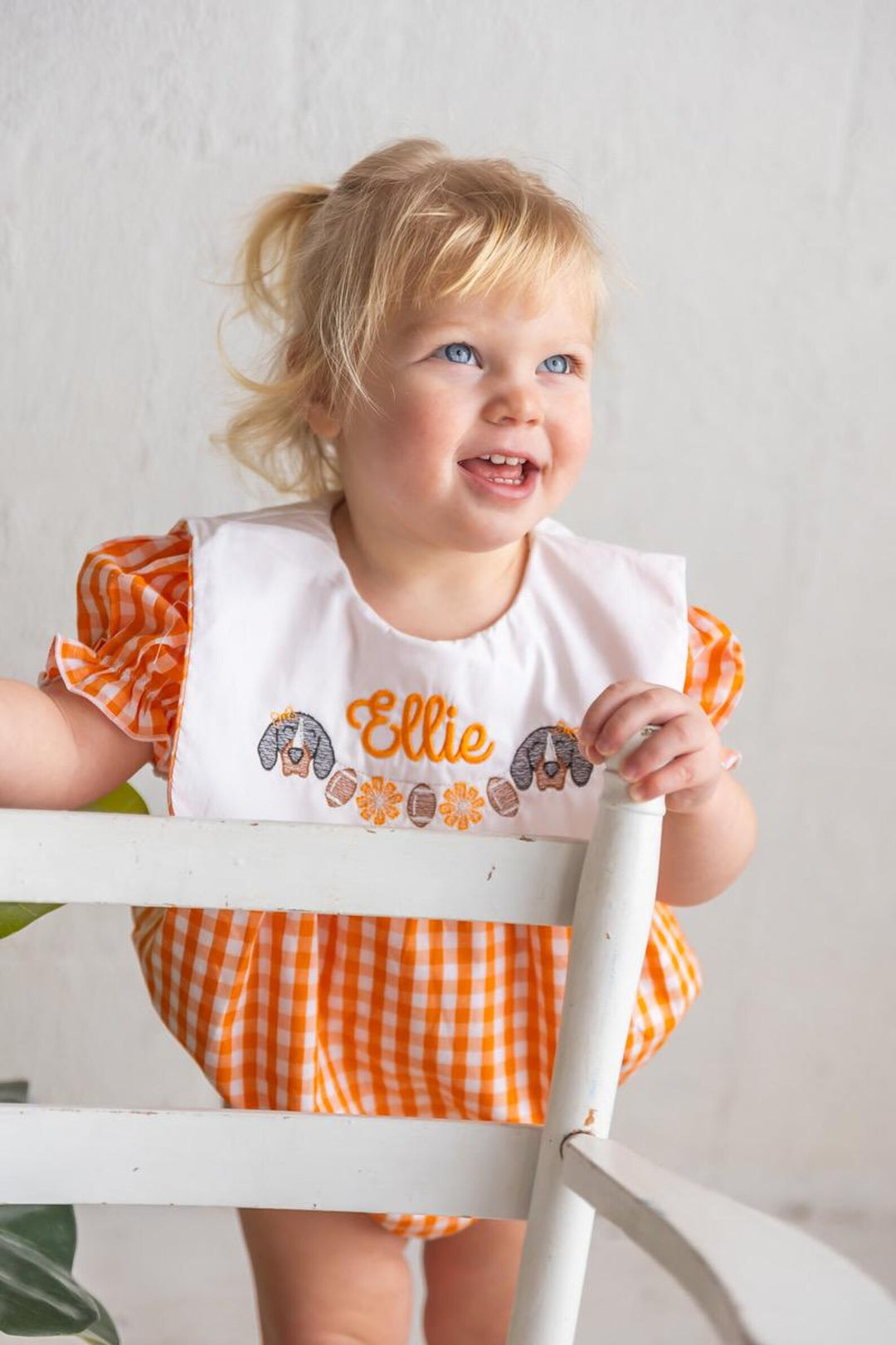 Baby Girls Orange Gingham Romper – Smokey Embroidered Game Day Outfit - Smock Vols Romper