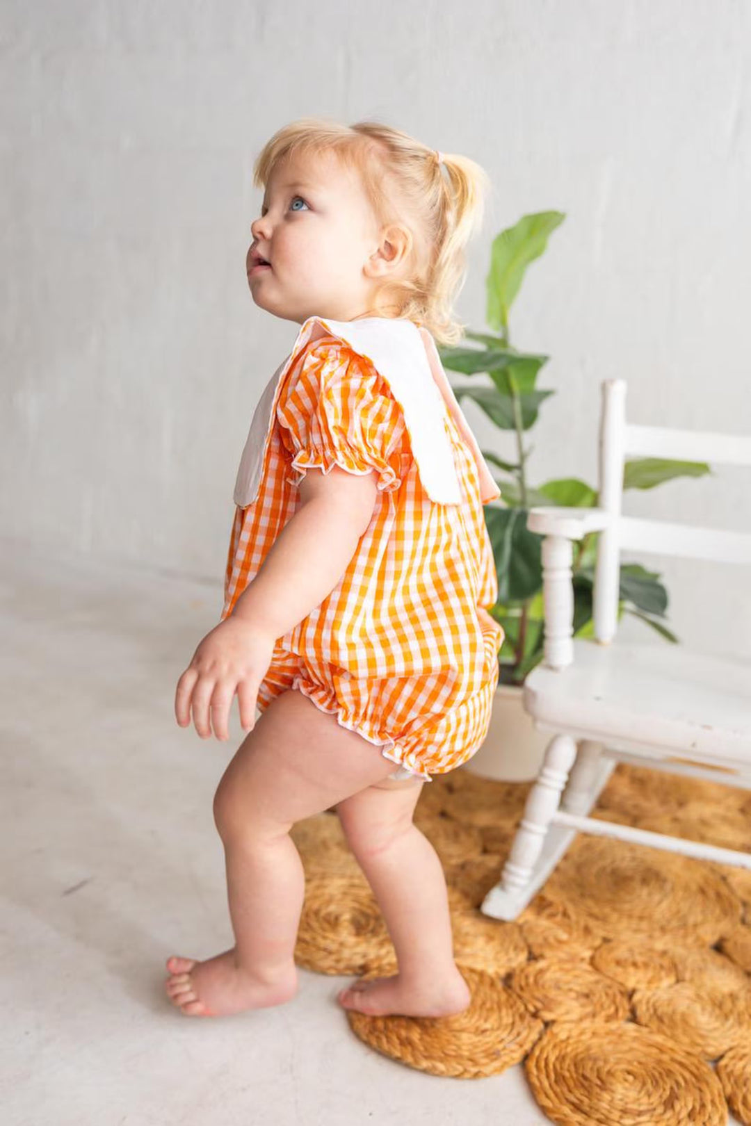 Baby Girls Orange Gingham Romper – Smokey Embroidered Game Day Outfit - Smock Vols Romper