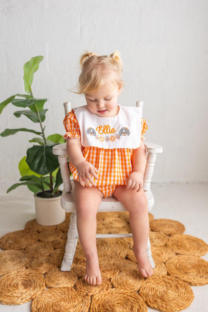 Baby Girls Orange Gingham Romper – Smokey Embroidered Game Day Outfit - Smock Vols Romper