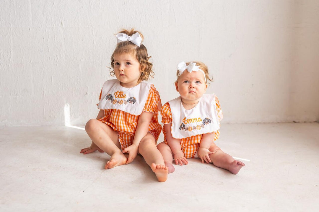 Baby Girls Orange Gingham Romper – Smokey Embroidered Game Day Outfit - Smock Vols Romper