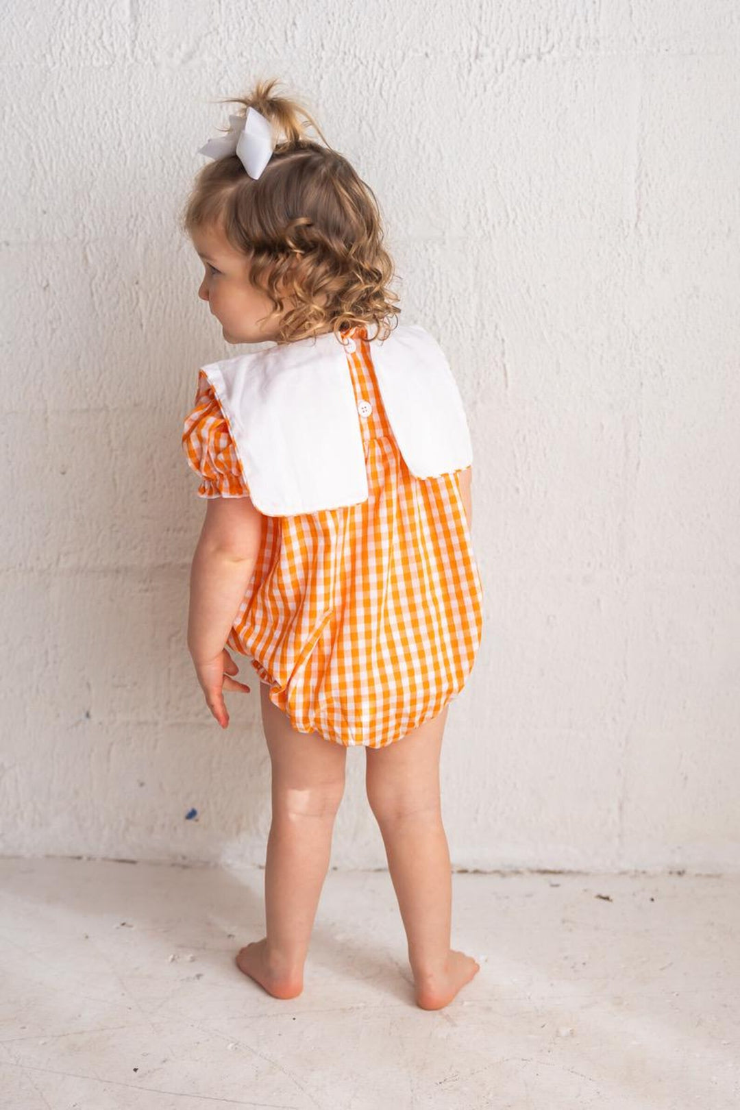 Baby Girls Orange Gingham Romper – Smokey Embroidered Game Day Outfit - Smock Vols Romper