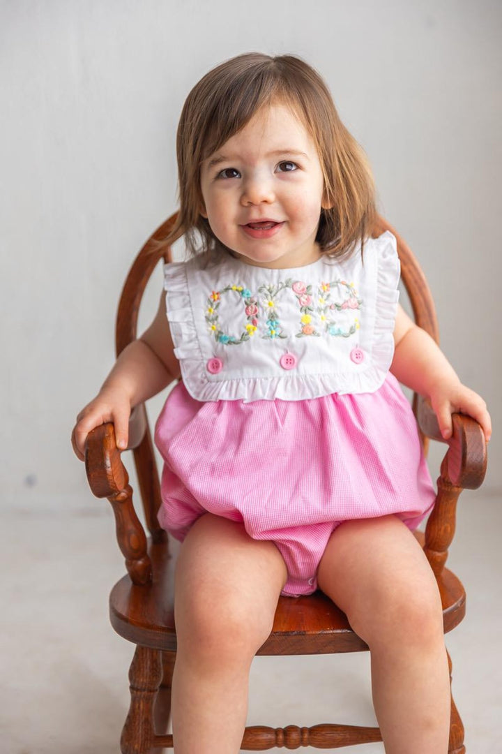 Floral Embroidered Pink Gingham Romper – Girls First Birthday Cake Smash Outfit