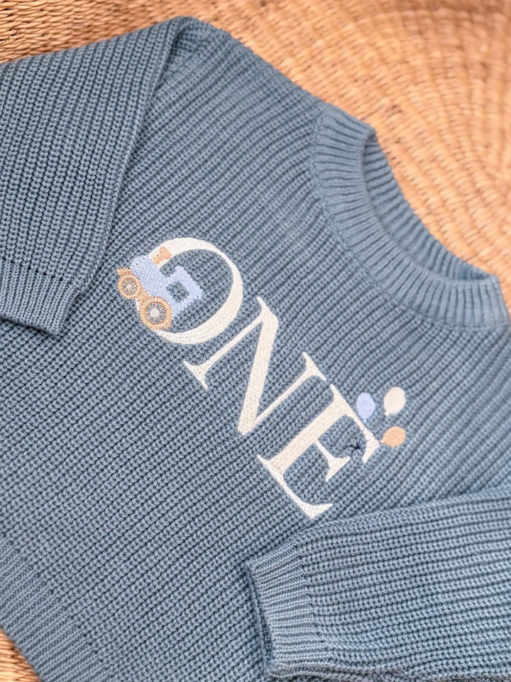 Train First Birthday Sweater - Personalized Chunky Knit One Milestone Steam Engine Baby Outfit