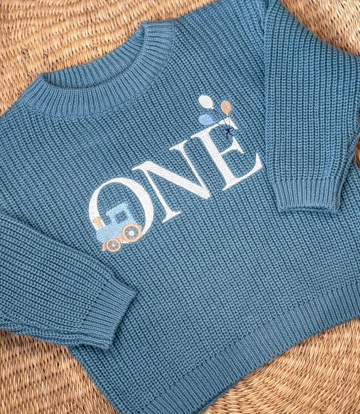 Train First Birthday Sweater - Personalized Chunky Knit One Milestone Steam Engine Baby Outfit