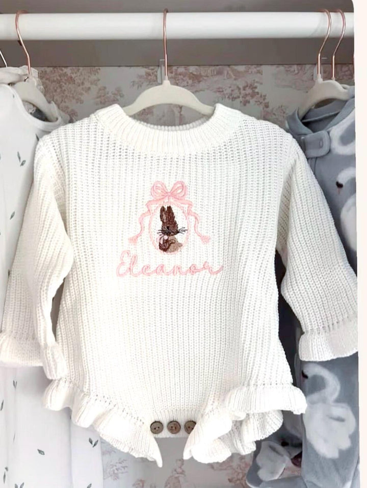 Personalized Peter Rabbit knit Romper - Custom Name Coquette Outfit