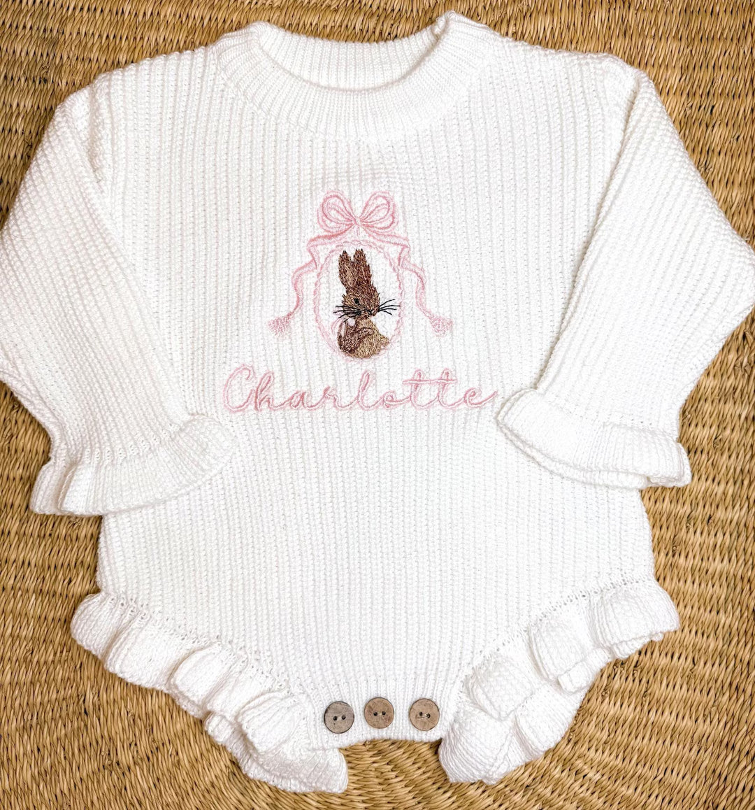 Personalized Peter Rabbit knit Romper - Custom Name Coquette Outfit