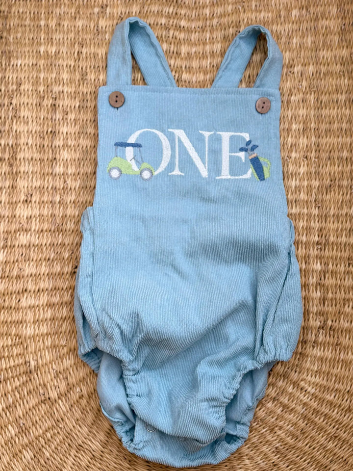 Hole In One First Birthday Bubble Romper - Personalized Corduroy Golf Milestone Baby Boy Outfit