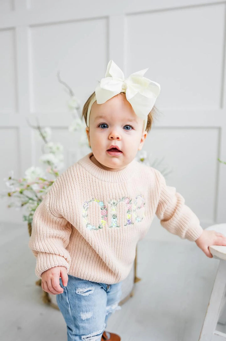 Wild One Floral Birthday Sweater - Girls Wildflower First Birthday Knit Pullover