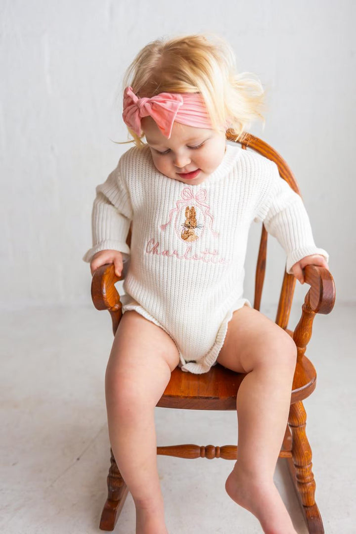 Personalized Peter Rabbit knit Romper - Custom Name Coquette Outfit