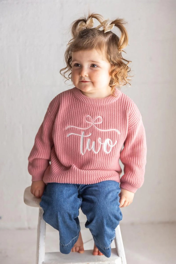 Embroidered Two Birthday Sweater, Coquette Knit Toddler Outfit