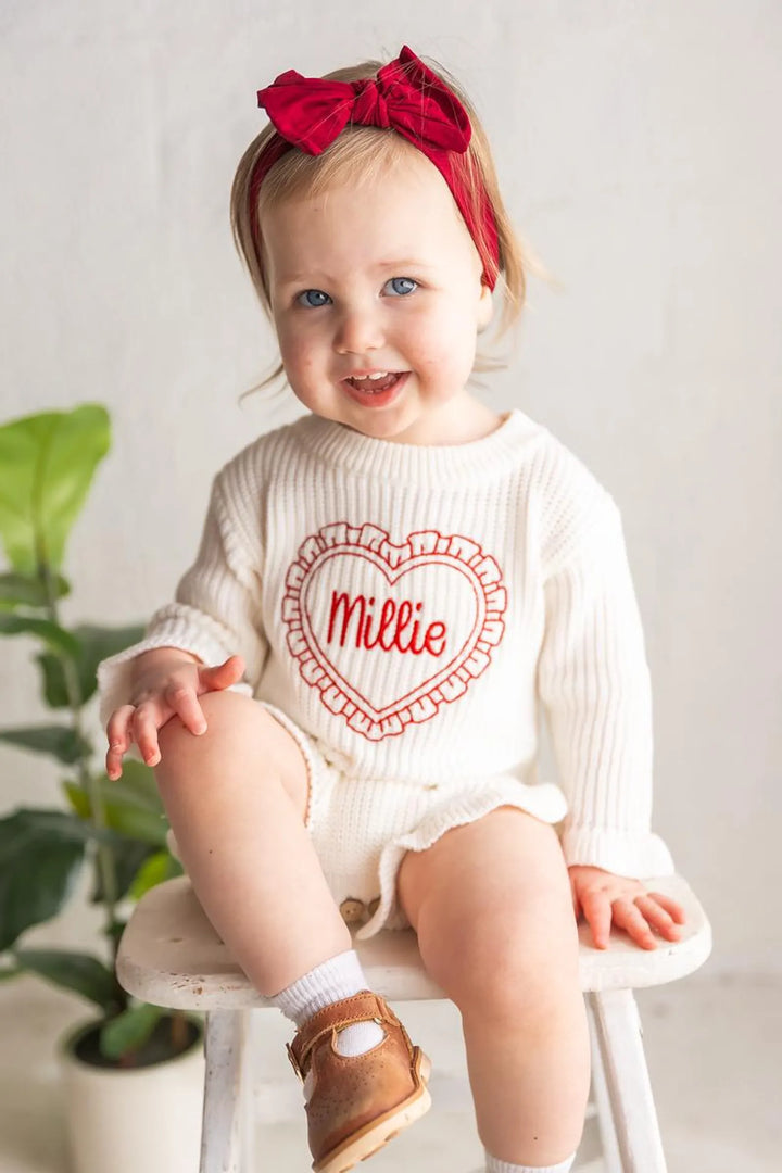 Baby Girls Valentine Outfit - Valentines Embroidered Knit Romper