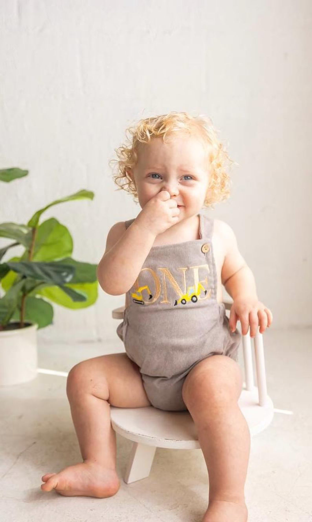 Construction First Birthday Romper - Boys Excavator Cake Smash Outfit - One Embroidered Birthday Overalls