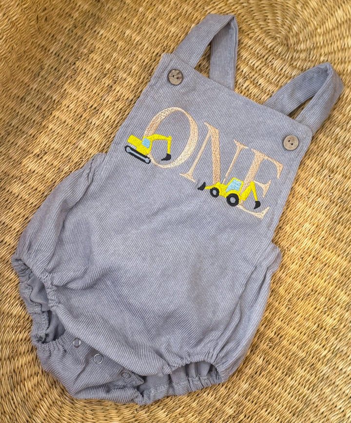 Construction First Birthday Romper - Boys Excavator Cake Smash Outfit - One Embroidered Birthday Overalls