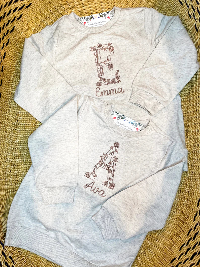 Custom Delicate Floral Monogram Sweatshirt - Kids Personalized Outfit
