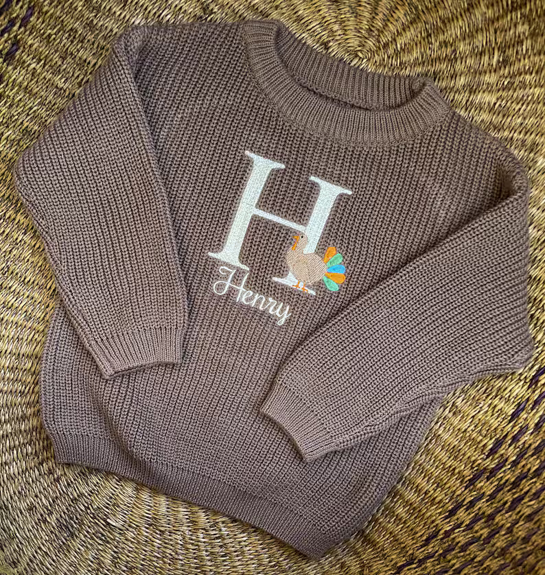 Custom Turkey Monogram + Name Sweater - Kids Thanksgiving Outfit