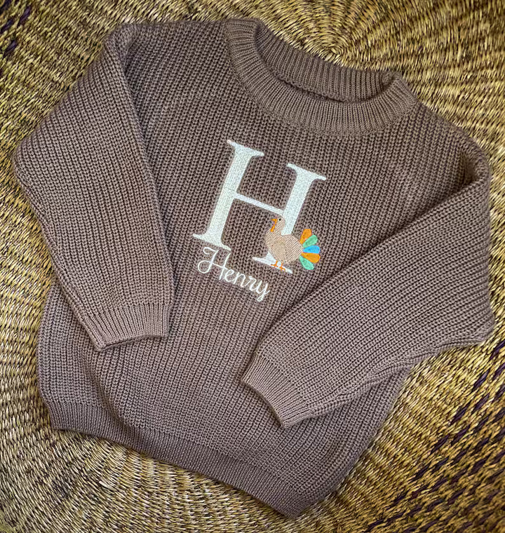 Turkey Monogram + Name Sweater - Kids Thanksgiving Outfit