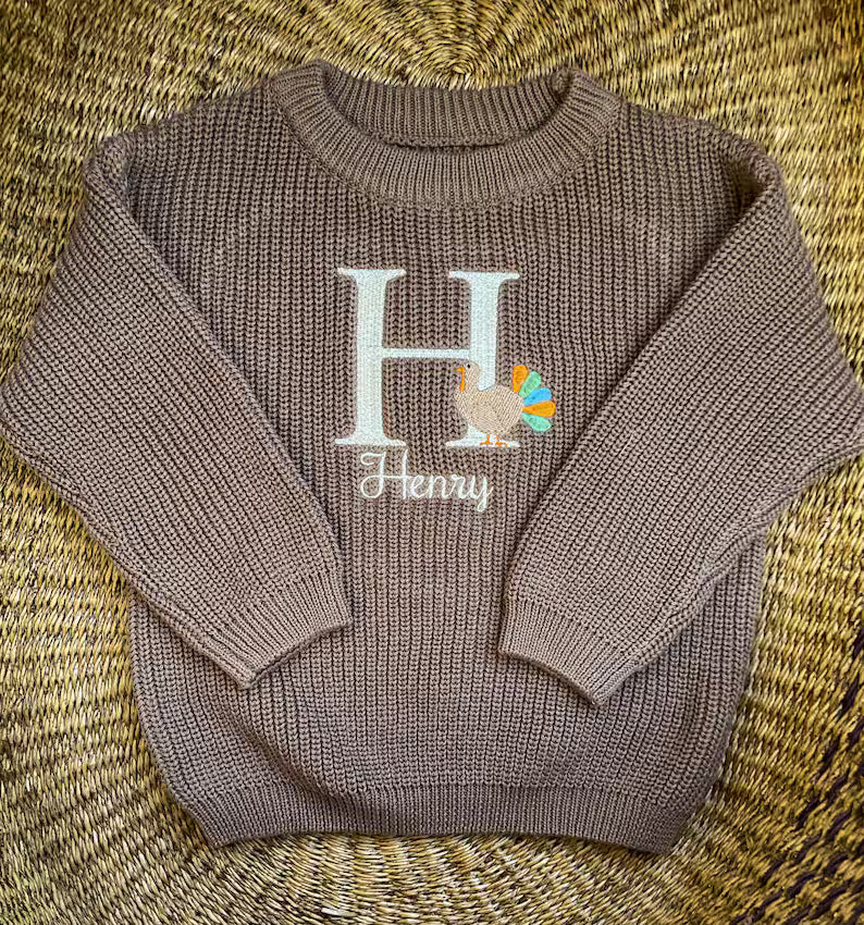 Custom Turkey Monogram + Name Sweater - Kids Thanksgiving Outfit