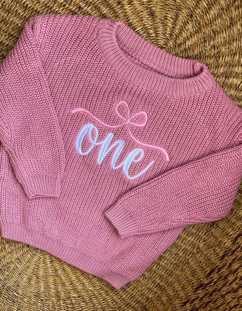 Girls Bow ONE Sweater - First Birthday Outfit