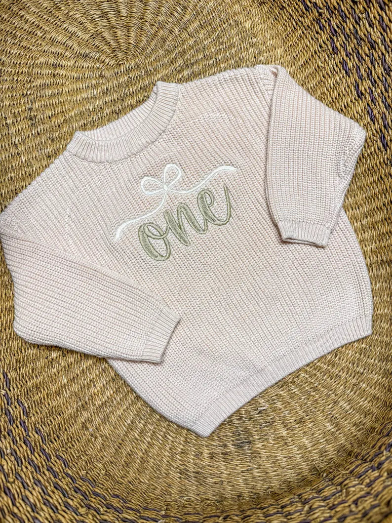 Girls Bow ONE Sweater - First Birthday Outfit