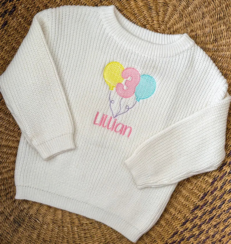 Custom Third Birthday Balloon Sweater - Kids Personalized Birthday Outfit