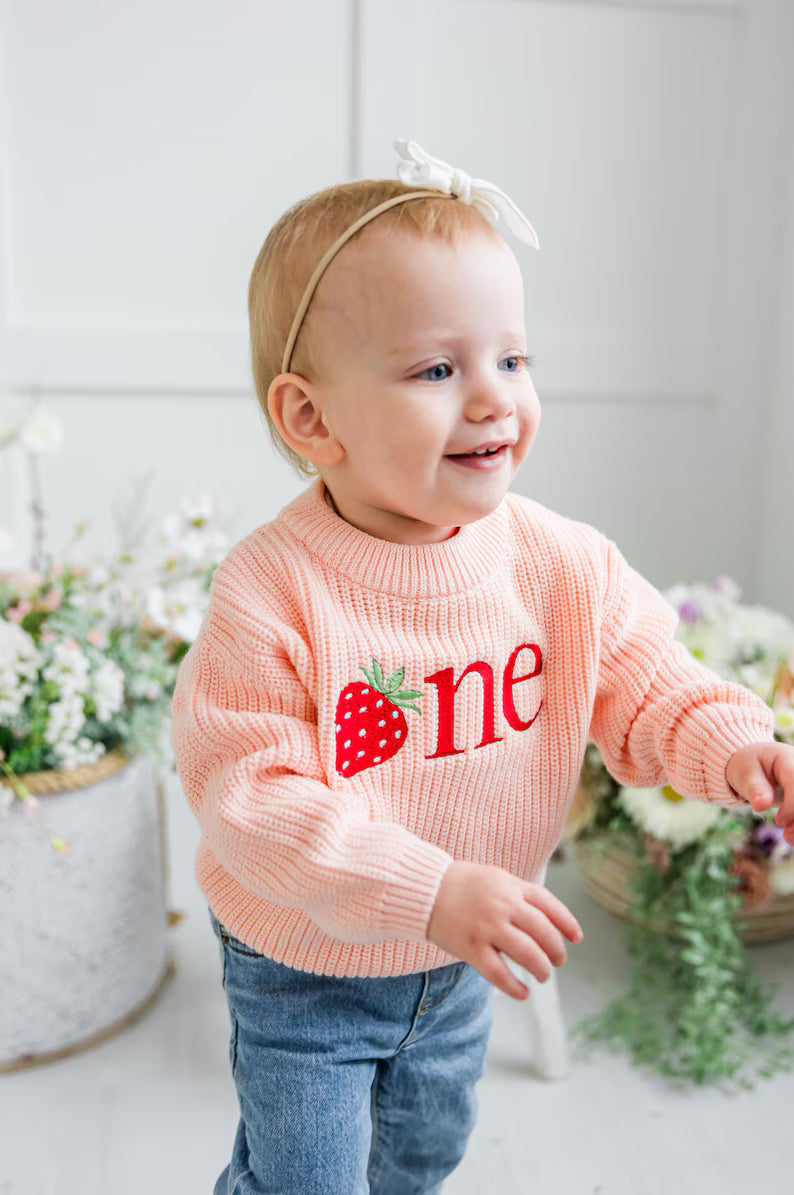 Custom Strawberry ONE Personalized Sweater - Kids First Birthday Outfit