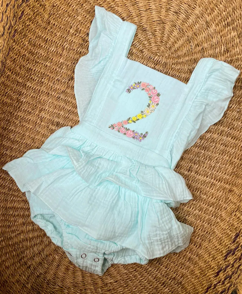 Custom Floral Two Romper - Girls Second Birthday Outfit