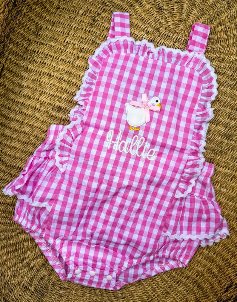 Goose + Name Gingham Romper - Girls Personalized Outfit