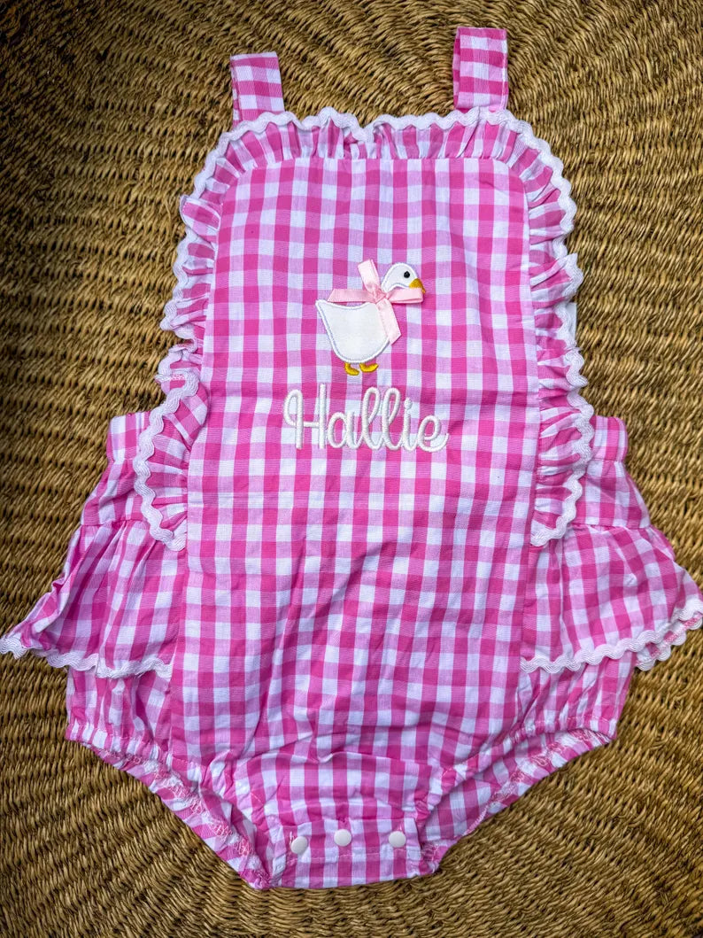 Goose + Name Gingham Romper - Girls Personalized Outfit