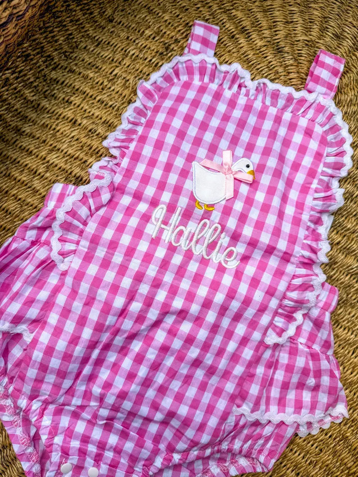 Goose + Name Gingham Romper - Girls Personalized Outfit