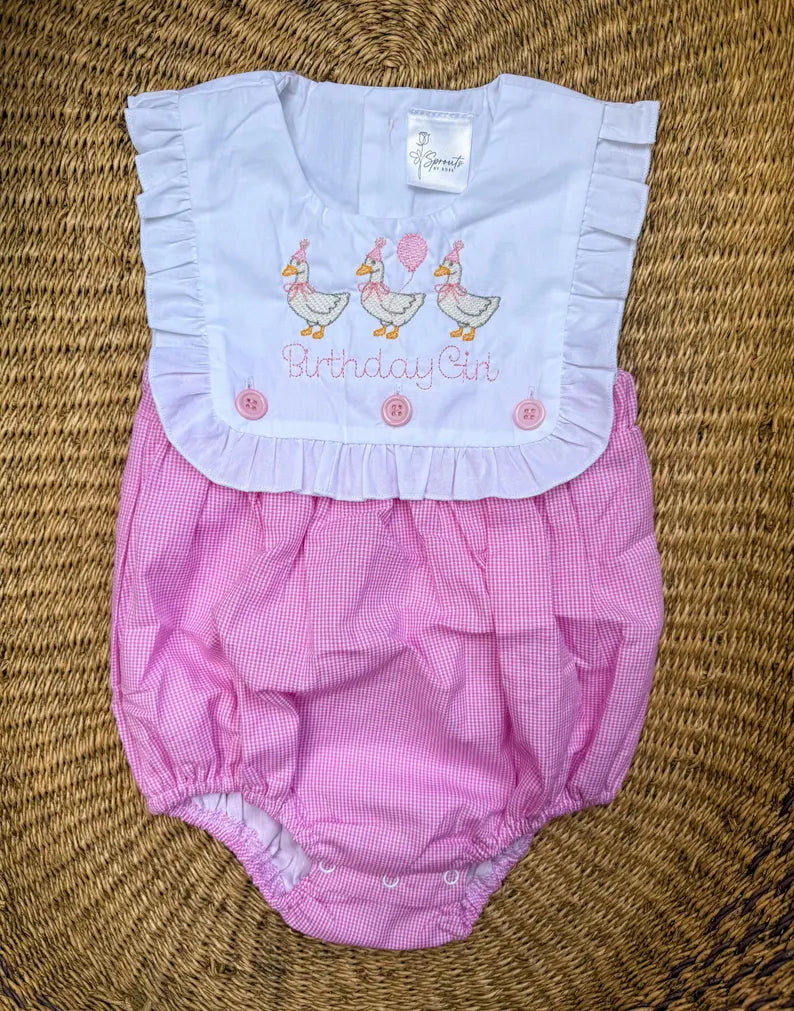 Custom Goose Birthday Girl Gingham Romper - Girl's Birthday Outfit