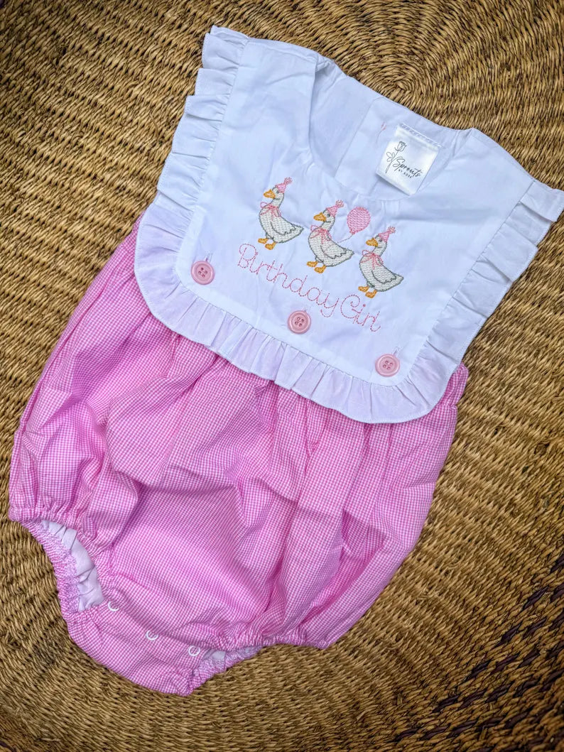 Custom Goose Birthday Girl Gingham Romper - Girl's Birthday Outfit