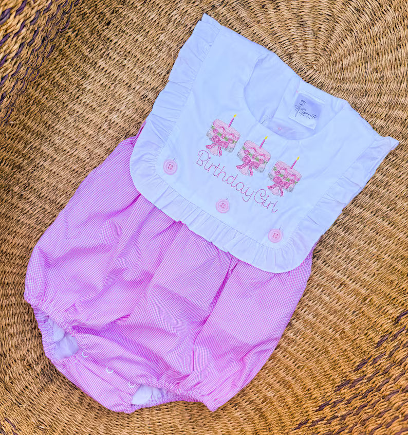 Custom Cake "Birthday Girl" Pink Gingham Romper - Girls First Birthday Outfit