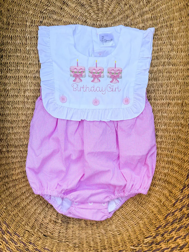 Custom Cake "Birthday Girl" Pink Gingham Romper - Girls First Birthday Outfit