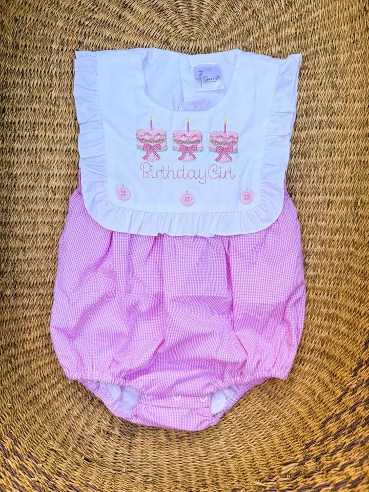 Cake "Birthday Girl" Pink Gingham Romper - Girls First Birthday Outfit
