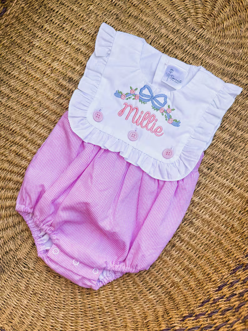 Custom Floral Bow + Name Pink Gingham Romper - Girls Personalized Outfit