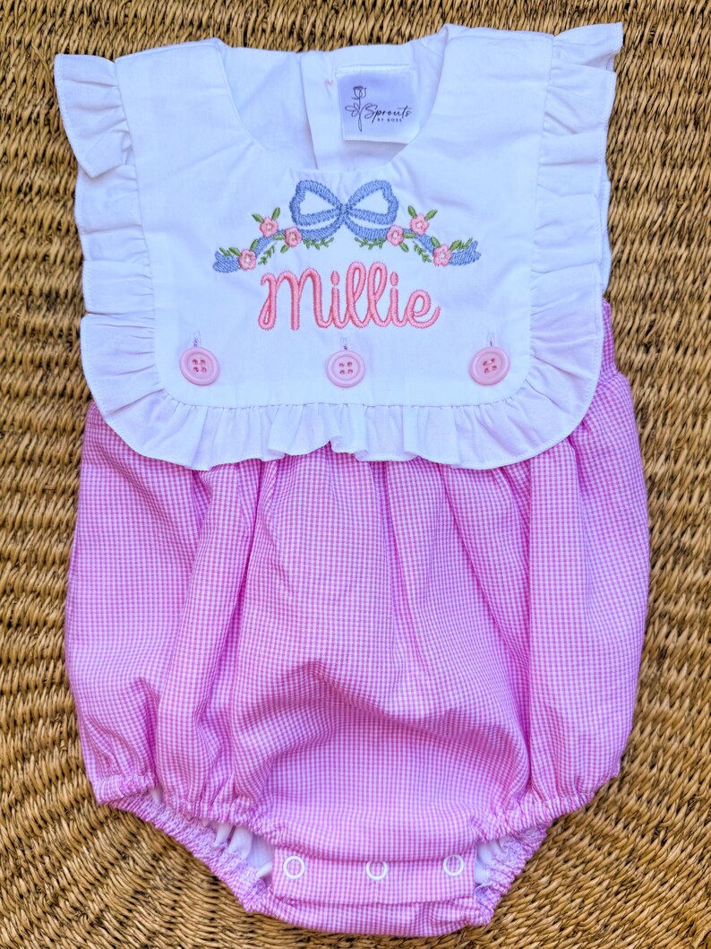 Floral Bow + Name Pink Gingham Romper - Girls Personalized Outfit