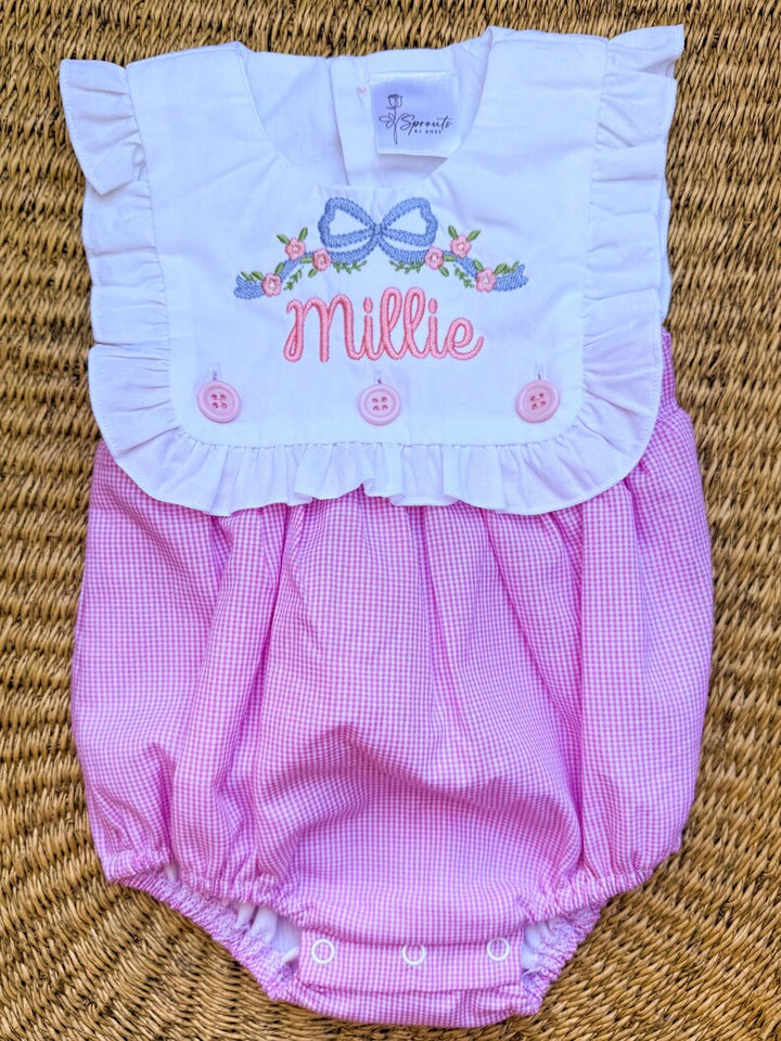 Floral Bow + Name Pink Gingham Romper - Girls Personalized Outfit
