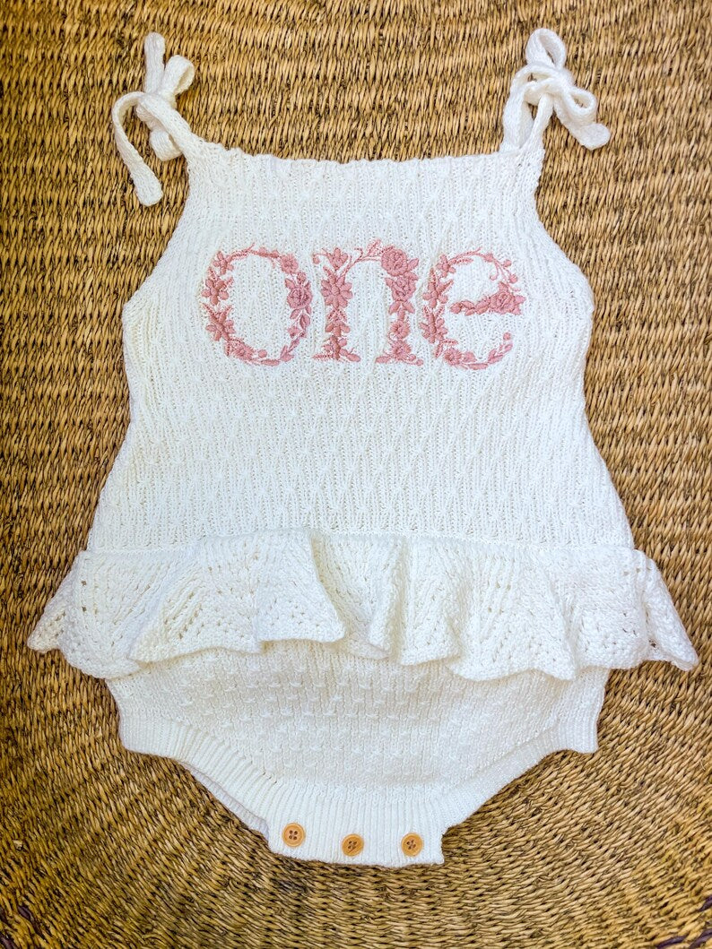 Custom Floral Monogram Knit Romper – Girls Personalized Outfit